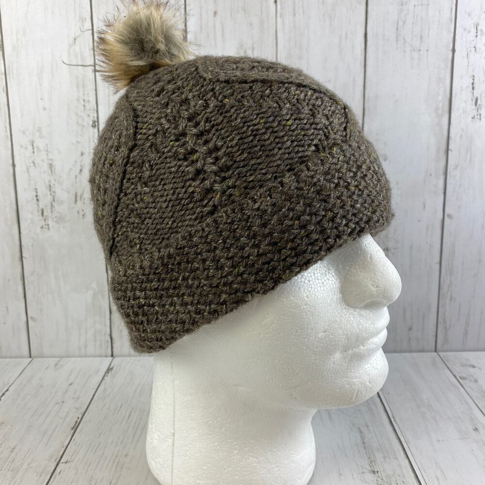 VTG Eddie Bauer Brown Cable Knit Wool Beanie Hat w/ Pom-Pom One Size